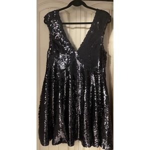 Free People black sequin Deep V Full Swing dress size XL